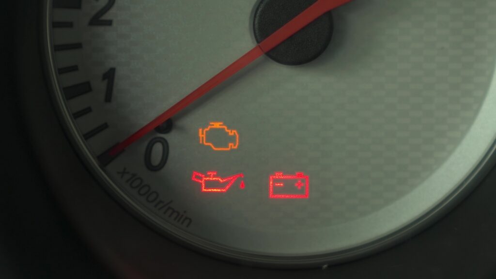 Warning lights on a car dashboard