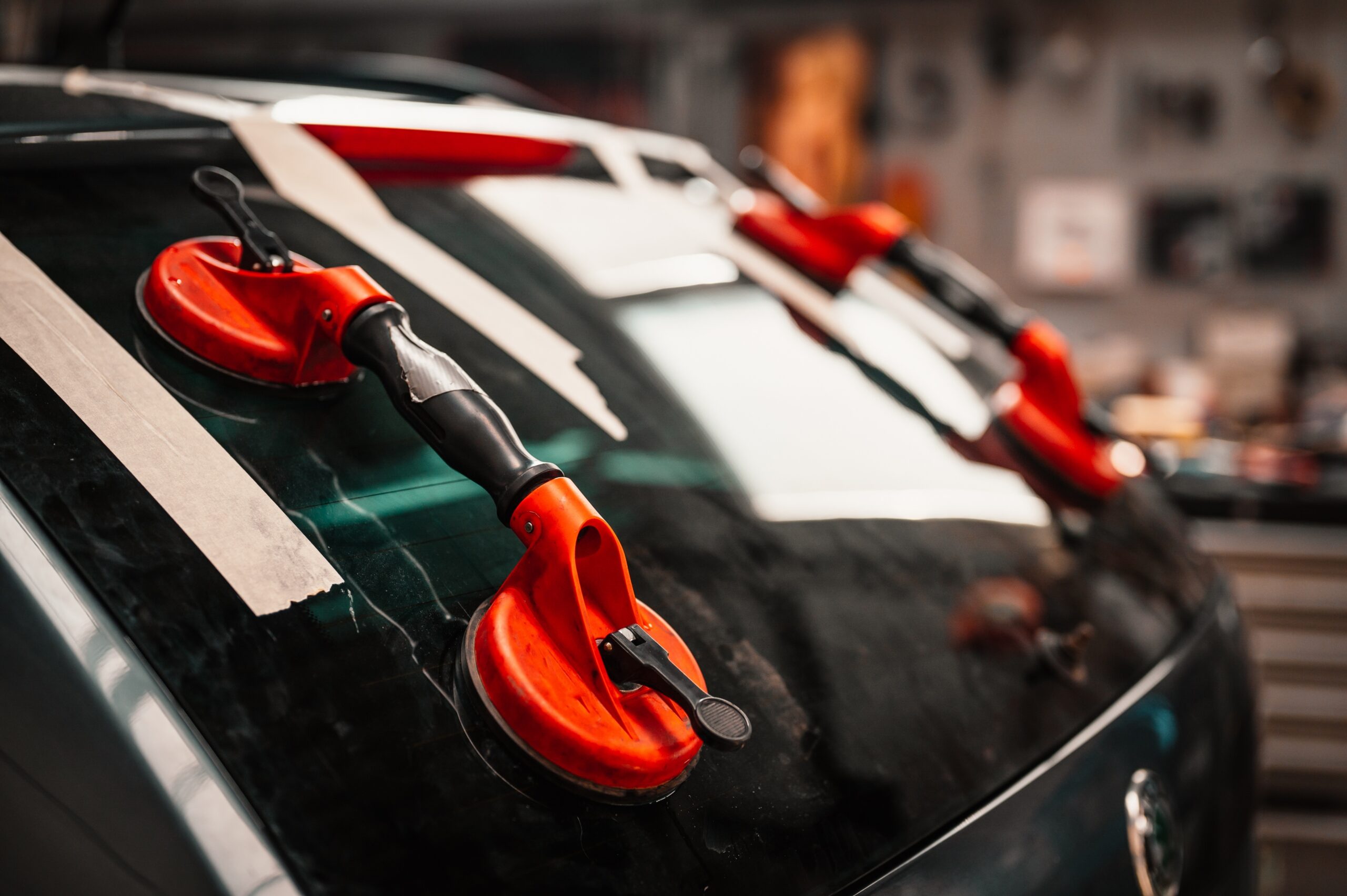 Auto mechanic replacing windshield